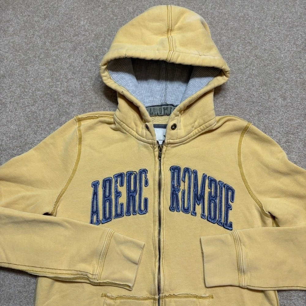 Y2K Abercrombie & Fitch Hoodie Sweatshirt Womens Large Yellow Full Zip Spellout‎